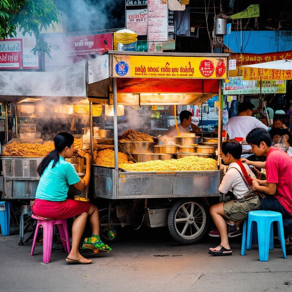 Các gánh hàng rong và quán ăn vỉa hè bày bán món ngon đặc trưng trên Đường Hậu Giang Quận 6.
